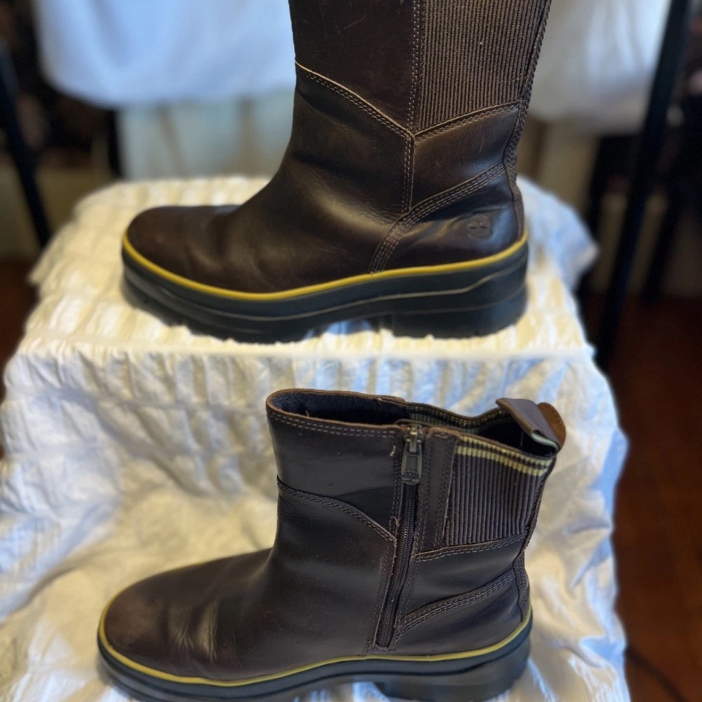 Women’s 9 Timberland ReBOTL Brown Leather Rain Garden Boots with Yellow Accent